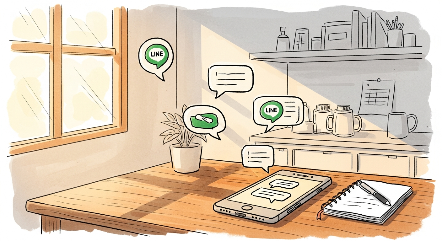 現場の業務をLINE Botに置き換える象徴イメージ。スマホとLINE風吹き出し、書類とペン。